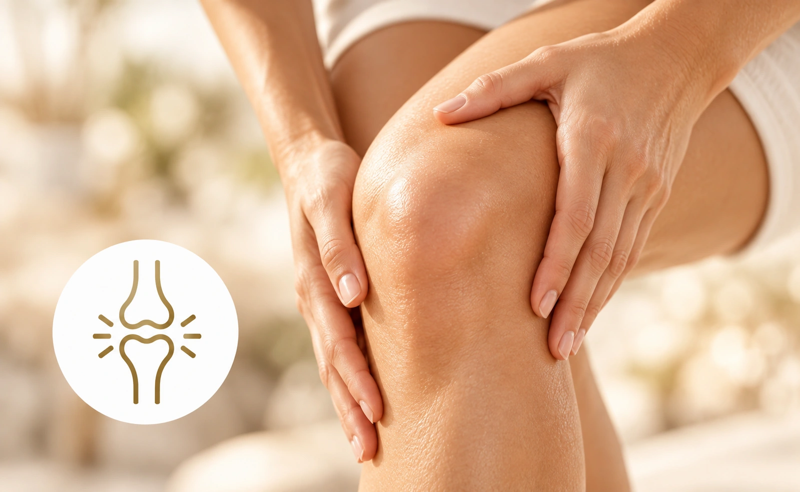 Manos sobre una rodilla, en referencia al funcionamiento normal de huesos y cartílagos gracias a la formación de colágeno