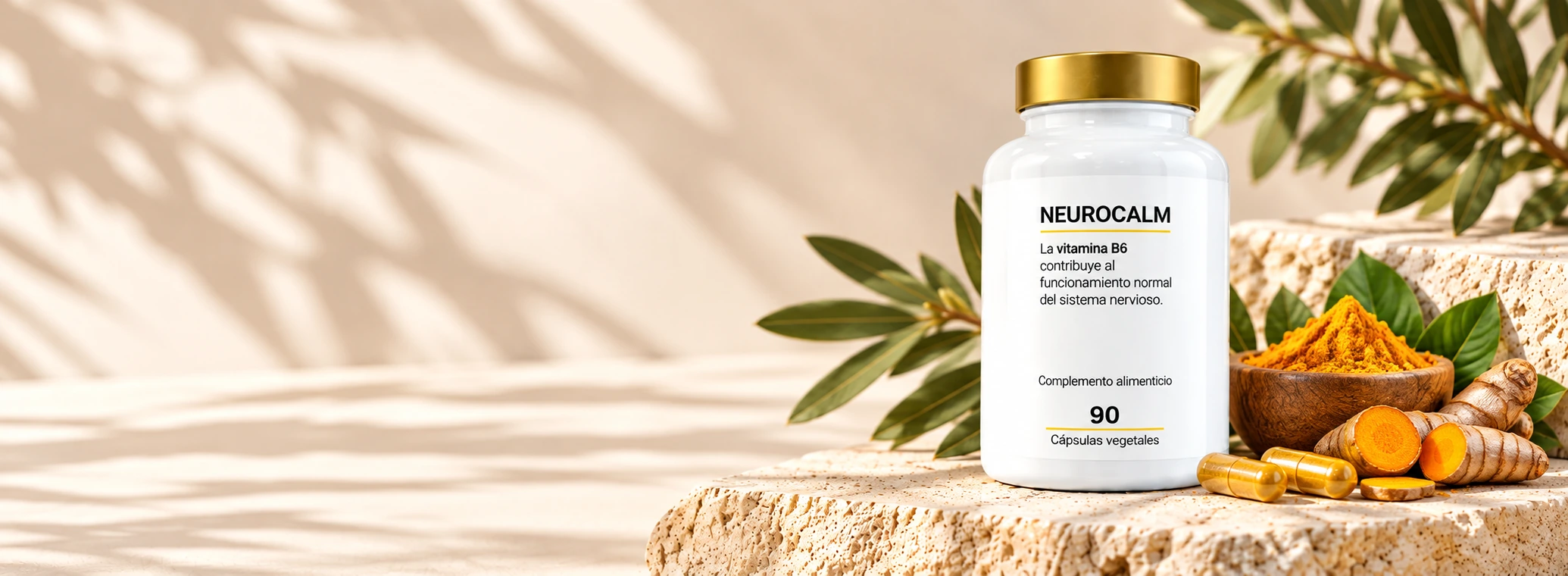 Bote de Neurocalm de 90 cápsulas vegetales sobre piedra natural junto a cápsulas, raíz y polvo de cúrcuma y ramas de olivo