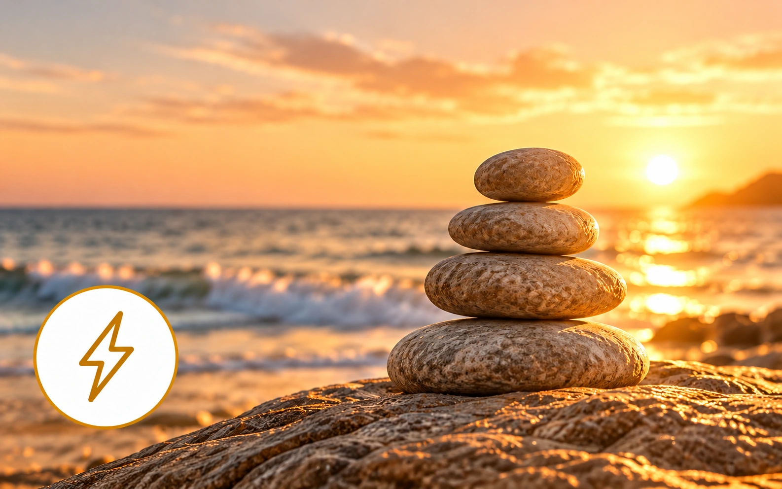 Piedras apiladas en equilibrio frente al mar al atardecer