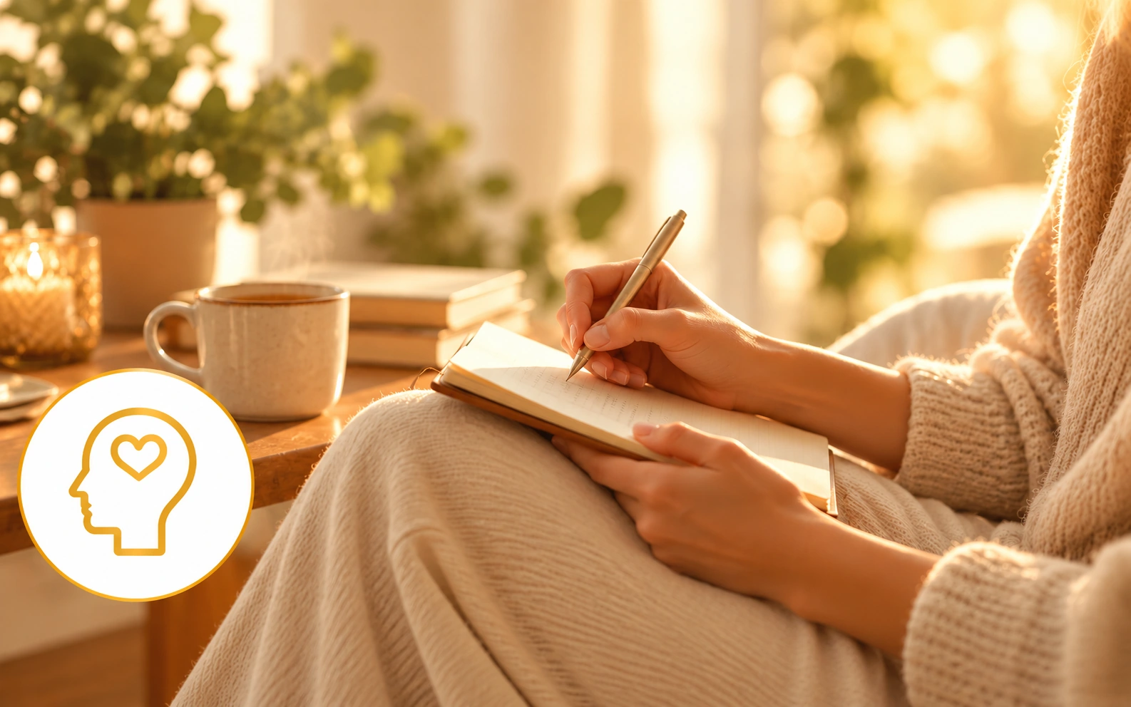 Mujer escribiendo en un cuaderno junto a una taza en un ambiente tranquilo