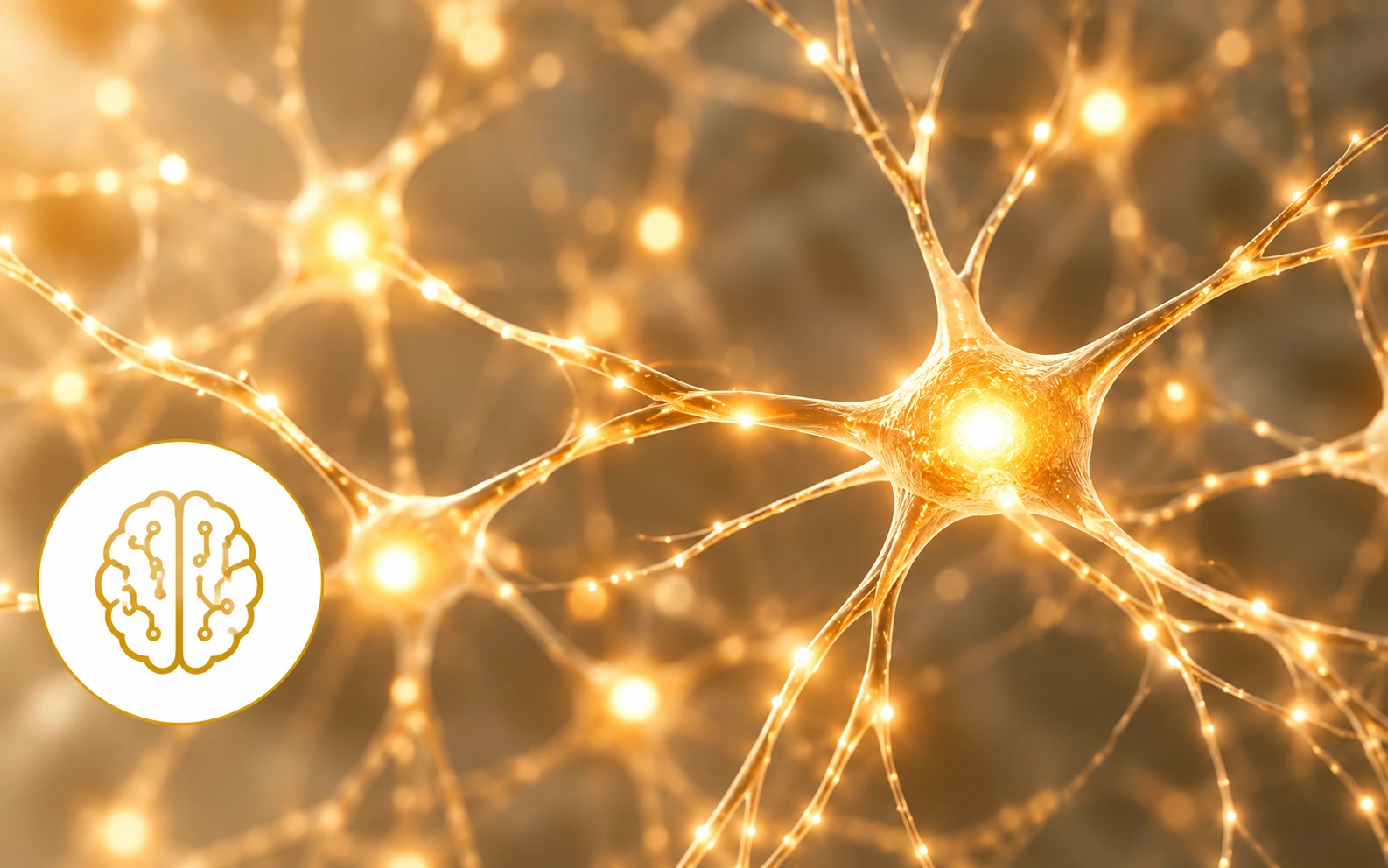 Red de neuronas conectadas con impulsos de luz dorada