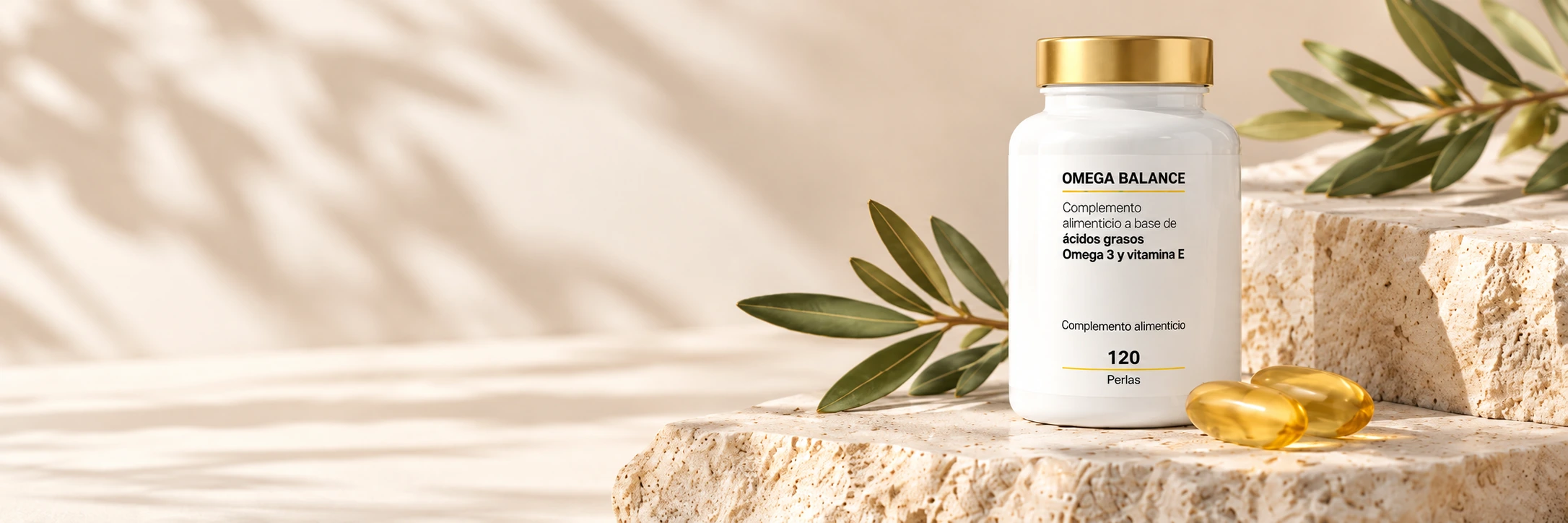 Bote de Omega Balance de 120 perlas sobre piedra natural, junto a perlas de omega 3 y ramas de olivo
